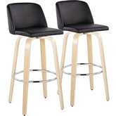 Toriano 30" Swivel Bar Stool in Natural Wood & Black Leatherette with Chrome Footrest (Set of 2)